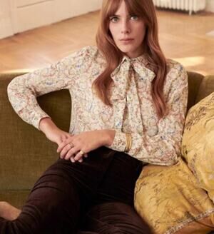 SEZANE Chemise Lady Shirt Blouse Bow Long Sleeve Button Down Top Cotton Floral